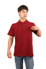 Wall Mural - Youth man wearing blank collared t-shirt on white background, closeup. Maroon or burgundy color polo tshirt. Mockup for design tee, polo t-shirt mockup, isolated background.