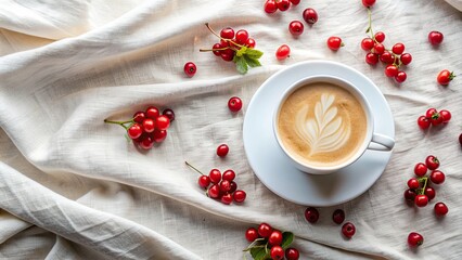 Canvas Print - Coffee cream with fresh red berries scattered on a white cloth , coffee, cream, red berries, fruits, food styling