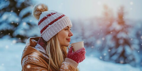 Wall Mural - A cheerful and stylish woman enjoys a hot beverage outdoors in the snowy winter, smiling warmly.