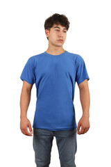 Youth man wearing blank t-shirt on white background, mockup tee closeup. Blue color tshirt. Mockup for design, isolated background.