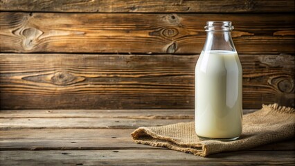 Sticker - Bottle of milk on a rustic wooden table , dairy, glass, container, cow, organic, fresh, breakfast, healthy, nutrition, beverage