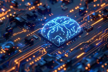 Wall Mural - A glowing AI chip in the shape of a brain, with blue circuitry patterns, set against a dark background, digital art