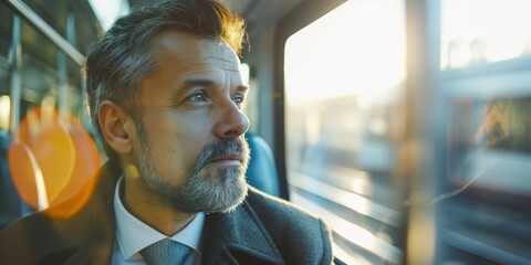 An attractive and serious businessman with a beard, dressed in a shirt and coat, confidently sits on a train, engaged in his journey.