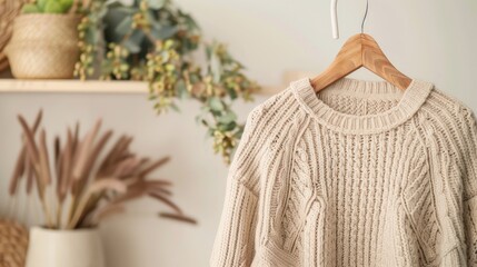 Wall Mural - A cream-colored, knitted sweater hangs on a wooden hanger in a room with simple decor, including plants and a vase of dried grass