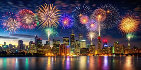 Poster - City skyline at night with vibrant fireworks display, urban, fireworks, celebration, skyline, night, colorful