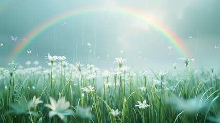 Wall Mural - A field of white flowers with a rainbow in the background