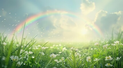 Wall Mural - A rainbow is seen in the sky above a field of flowers