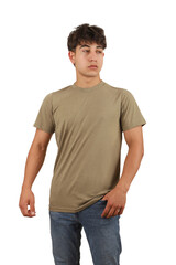 Wall Mural - Youth man wearing blank t-shirt on white background, mockup tee closeup. Heather olive color tshirt. Mockup for design, isolated background.