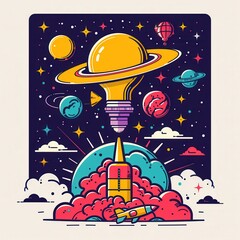 Sticker - Space Rocket Taking Off with Lightbulb Planet Illustration.