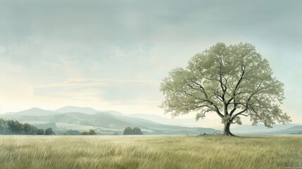 Wall Mural - a large tree stands in a field with a clear blue sky above it