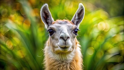 Wall Mural - Close-up of a llama's face with blurred greenery in background, llama, face, animal, close-up, nature, greenery, furry