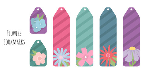 Wall Mural - Set of 6 colorful bookmarks with decorative hand draw flowers. Flat style botanical illustration. Colorful cute kids bookmark templates for reading. Isolated on white background.	