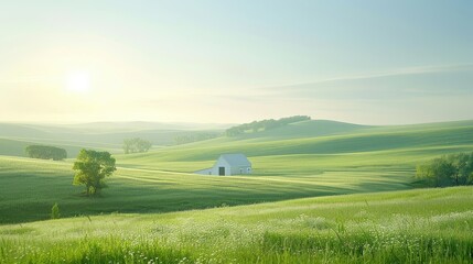 Wall Mural - A large, empty field with a white house in the middle