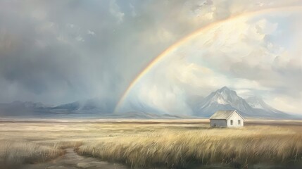 Wall Mural - a painting of a rainbow over a field with a house in the background