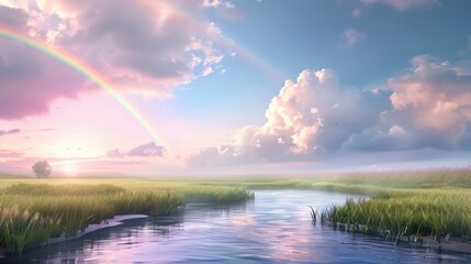 Wall Mural - a rainbow is seen in the sky above a river