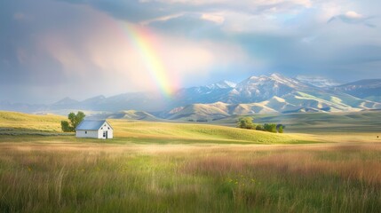 Wall Mural - a rainbow is seen in the sky above a small house in a field