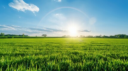 Wall Mural - a field of green grass with a bright sun shining down on it