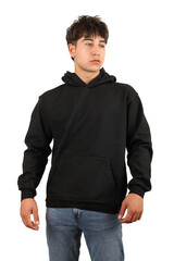 Wall Mural - Youth man wearing blank hoodie on white background, closeup. Black color hoodie. Mockup for design, isolated background.