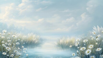 Wall Mural - A serene landscape with a body of water and a field of white flowers