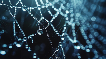 A detailed macro shot of a dew-covered spider web
