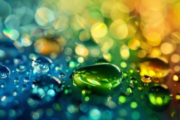 Poster - Close-up of various colorful liquid droplets on a smooth surface, with a green and blue palette, digital art