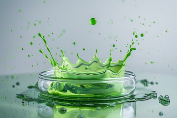 Canvas Print - Green liquid being dropped into a petri dish, showing detailed splash and droplet effects, digital art