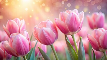 Canvas Print - Blushing pink tulips in a soft, dreamy glow , flowers, tulips, pink, blush, romantic, soft, dreamy, delicate, garden, beautiful