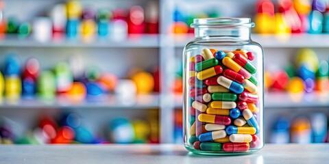 Poster - Colorful capsules and pills in a bottle on drugstore shelf , medicine, pharmacy, drug center, chemistry