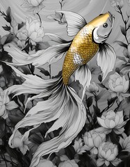 Sticker - Beautiful gold fish with a flower on dark background