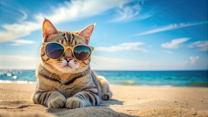 Wall Mural - Cat relaxing on beach wearing sunglasses, cat, beach, sunglasses, relaxation, vacation, summer, feline, cute, chill, resting