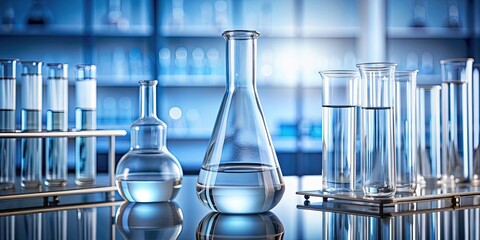 Poster - Clear flasks with water in front of test tube on chemistry lab background, science, education, laboratory, chemistry