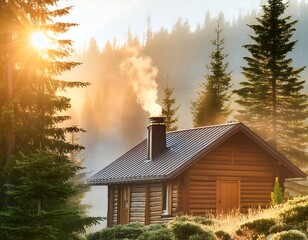 Wall Mural - A cozy mountain cabin with smoke rising from the chimney