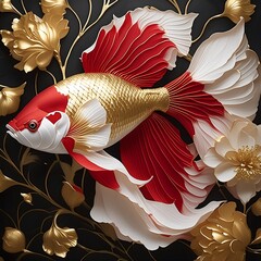 Sticker - 3d rendering of a beautiful red fish with a flower on dark background