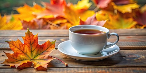 Poster - Closeup view of a cup of tea with vibrant autumn leaf , tea, drink, beverage, cup, autumn, leaf, cozy, hot, relax, beautiful