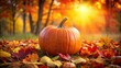 © Sujid - Big orange pumpkin surrounded by colorful fall leaves at sunset, pumpkin, orange, fall, leaves, autumn, sunset, harvest