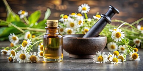 Canvas Print - Chamomile essential oil in dark glass bottle with mortar and pestle in background, chamomile