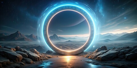 Canvas Print - Circular glowing sci-fi large portal of unknown alien technology with dark rock and sky background, portal, circular,glowing, sci-fi