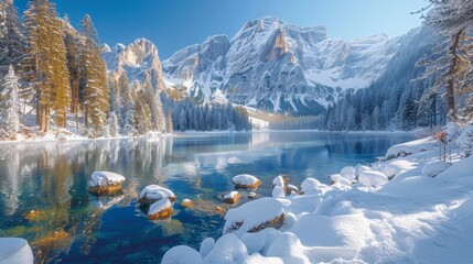 Wall Mural - Snow-covered lake with mountain view - generative ai