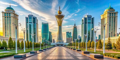 Sticker - Cityscape with Nurjol Boulevard leading towards the iconic Baiterek tower in Astana, Kazakhstan