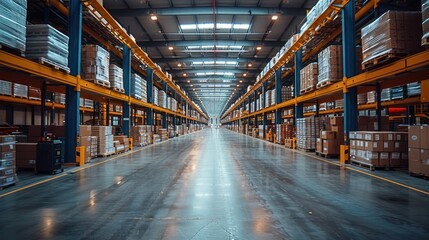 Canvas Print - Warehouse Interior with Rows of Shelves and Boxes