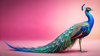 Poster - Blue and rainbow peacock with vibrant feathers strutting upright on a pink background, peacock, blue, rainbow, feathers