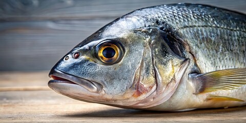 Wall Mural - Close-up of a cleaned dorado fish head ready for cooking , dorado, fish, head, close-up, cleaned, ready, cooking, food, seafood