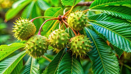 Canvas Print - Close-up of horse chestnuts with vibrant green leaves in a natural setting, autumn, tree nuts, foliage, deciduous, botanical