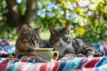 Wall Mural - AI generated illustration of two tabby cats lounging on a colorful blanket, having picnic