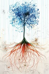 Canvas Print - AI generated illustration of an abstract tree with intricate branches with blue accents