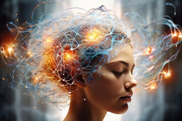 woman with glowing brain connections, representing concepts like consciousness, ai, thoughts, ideas,