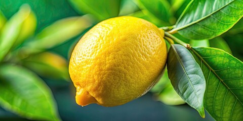 Canvas Print - Close up of a vibrant lemon with green leaves, lemon, citrus, fruit, fresh, yellow, organic, sour, tropical, healthy, natural