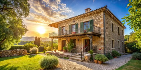 Wall Mural - Charming Mediterranean stone house with a large balcony bathed in sunlight