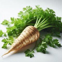 Fresh parsnip root with attached leaves, isolated on a plain white background