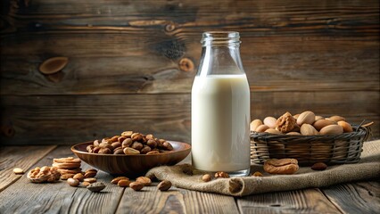 Wall Mural - Bottle and glass of milk with assorted nuts on a rustic table , milk, nuts, healthy, organic, dairy, nutrition, breakfast